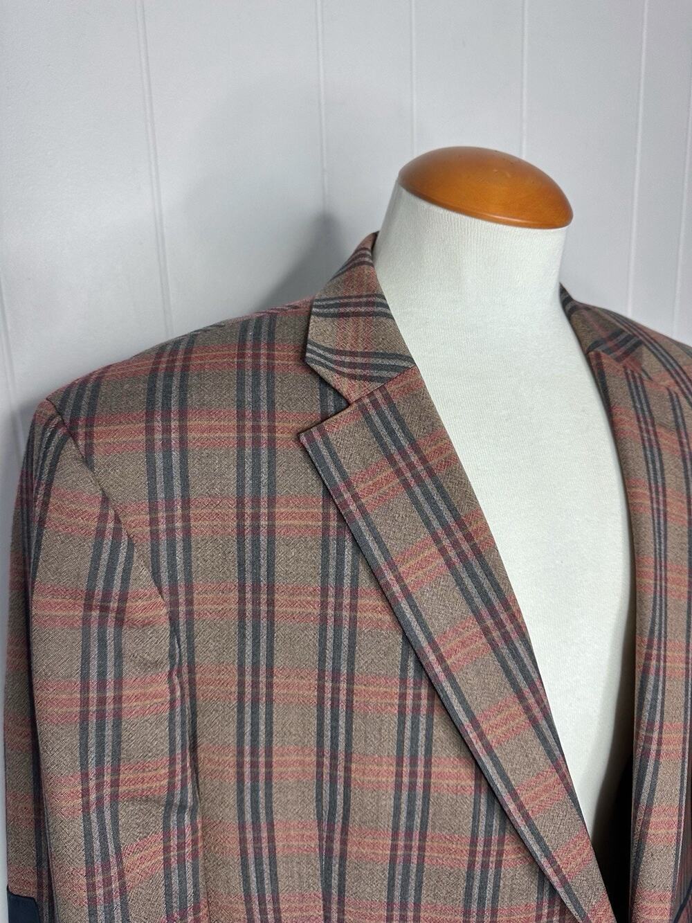 Paul Fredrick Multicolor Plaid Sport Coat Blazer - 48R - Olive Brown Elbow Patch
